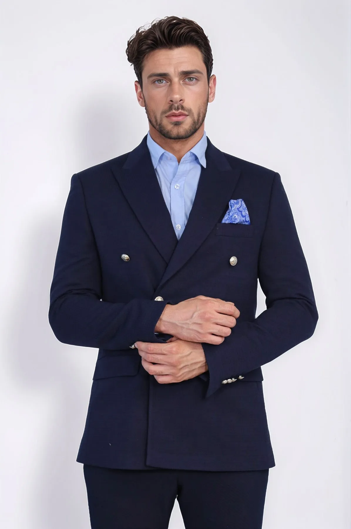 Navy Blue Solid Slim Fit Double-Breasted Blazer with Silver Metal Buttons – Wessi sold by Wessi product image thumbnail 5