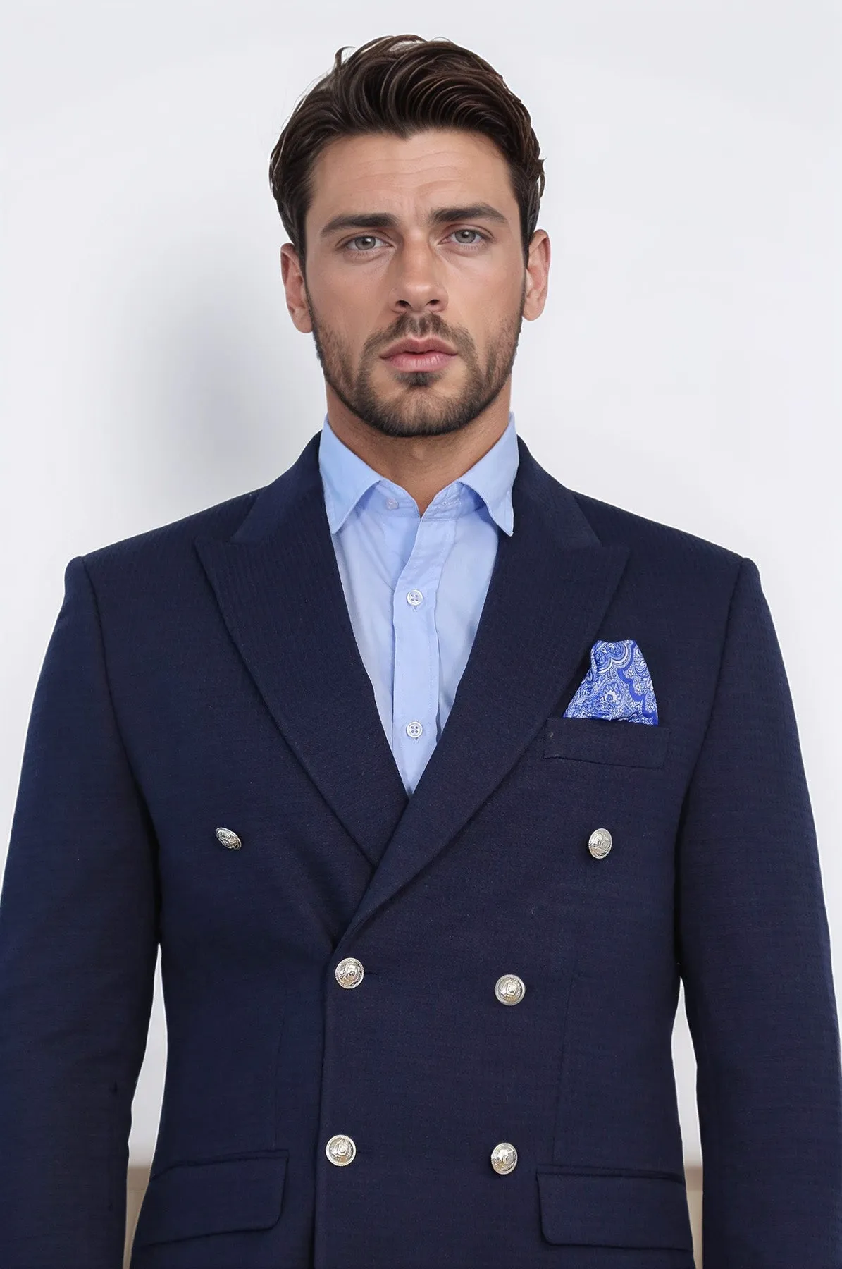 Navy Blue Solid Slim Fit Double-Breasted Blazer with Silver Metal Buttons – Wessi sold by Wessi product image thumbnail 2