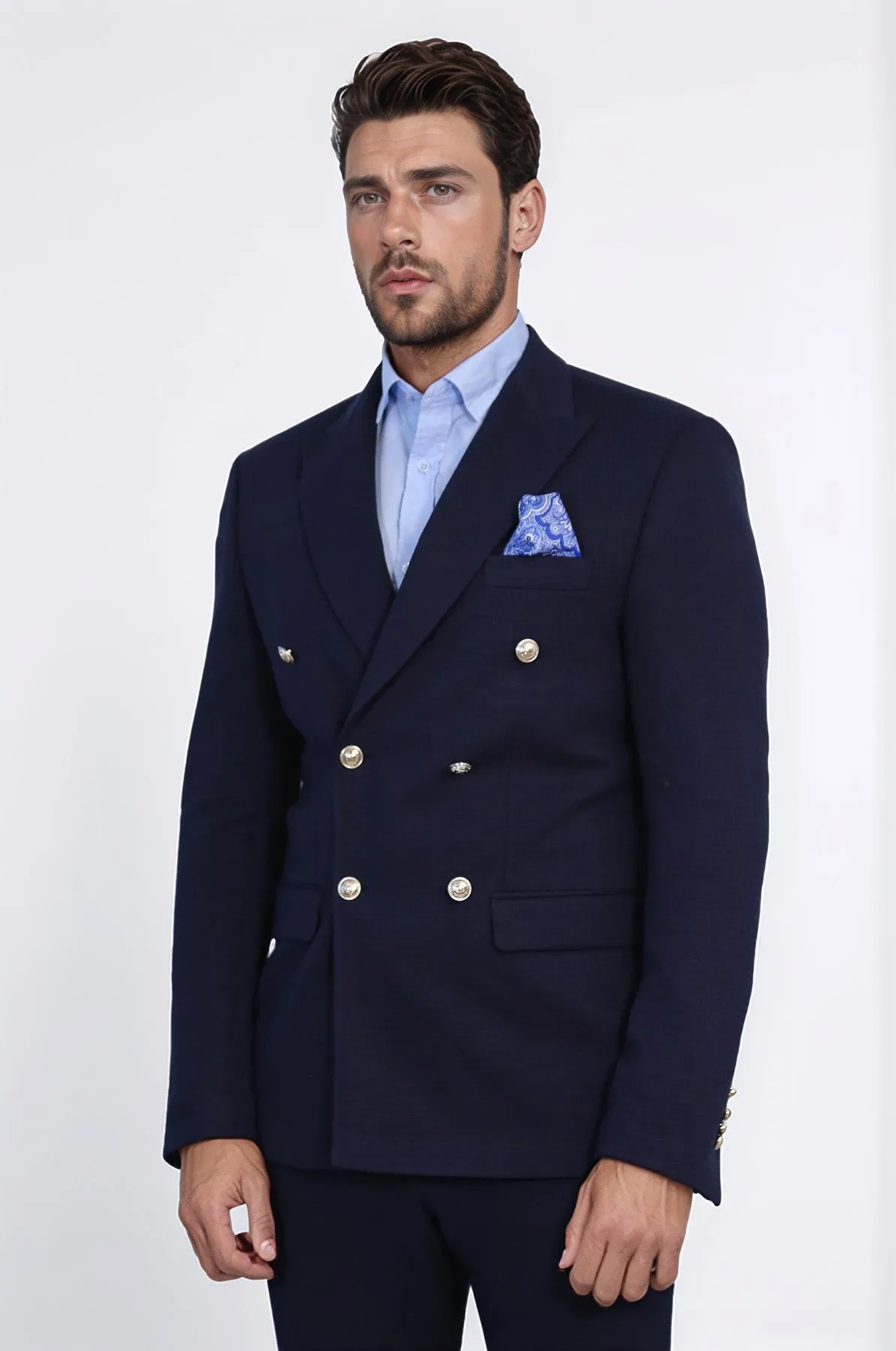 Navy Blue Solid Slim Fit Double-Breasted Blazer with Silver Metal Buttons – Wessi sold by Wessi product image thumbnail 4