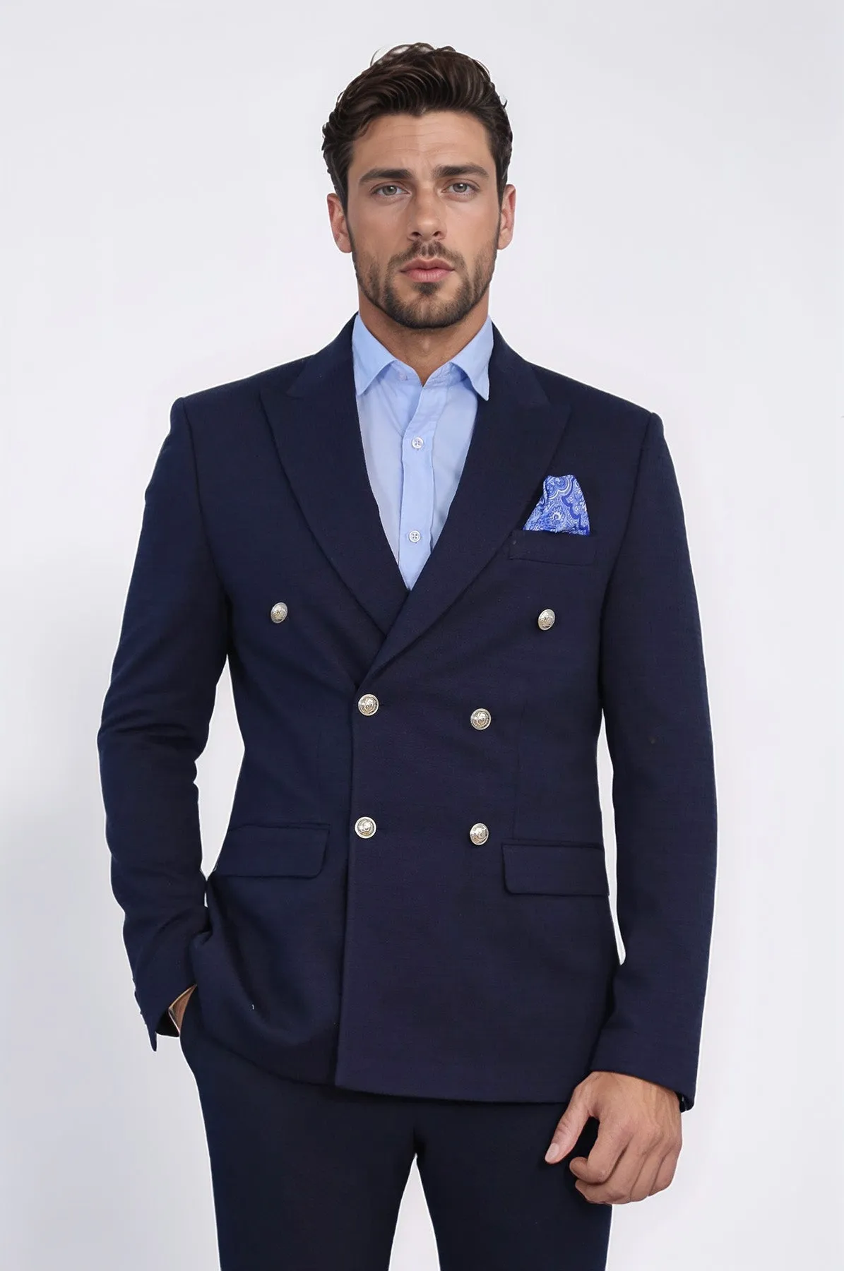 Navy Blue Solid Slim Fit Double-Breasted Blazer with Silver Metal Buttons – Wessi sold by Wessi