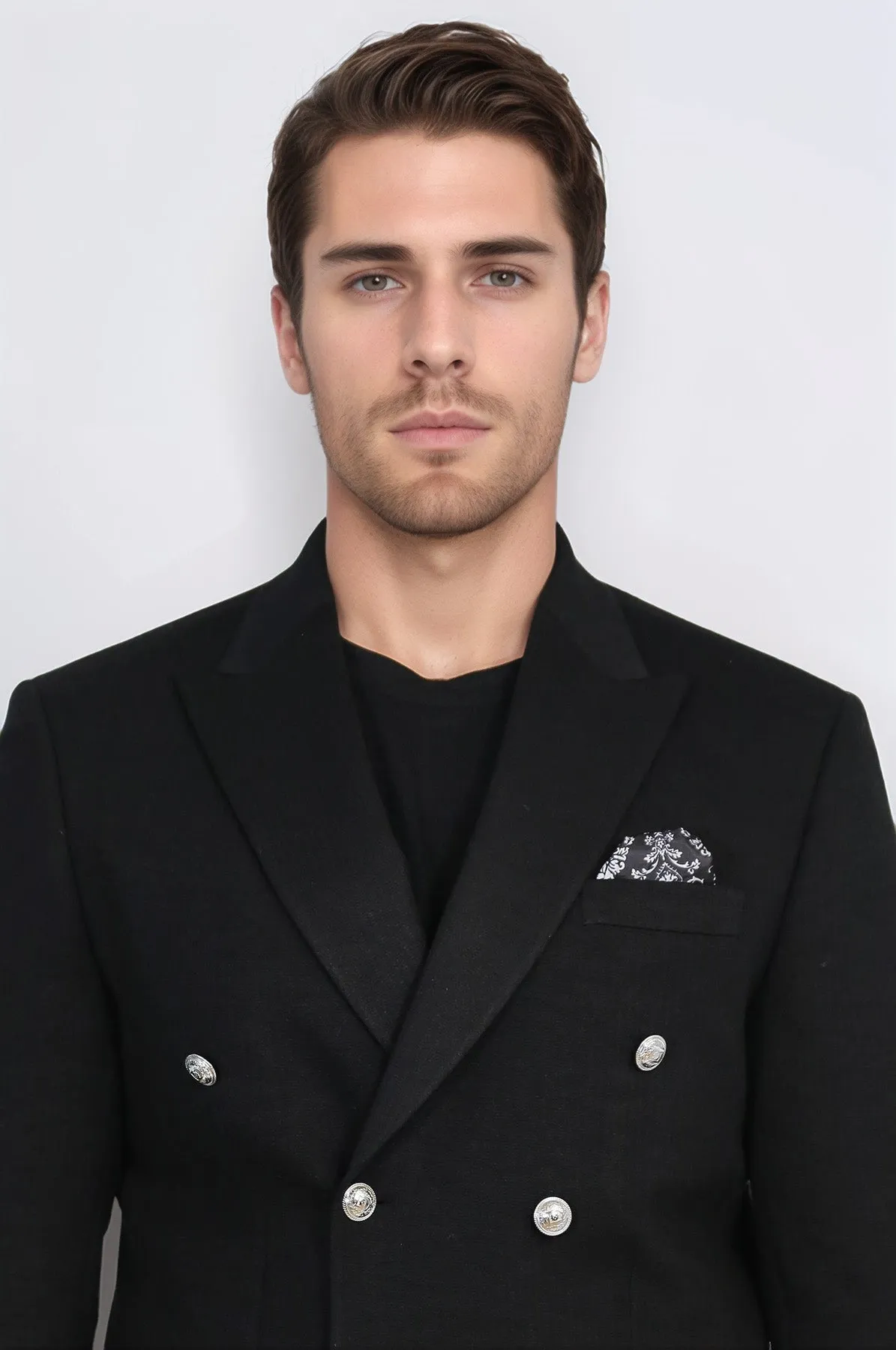 Black Solid Slim Fit Double-Breasted Blazer with Silver Metal Buttons – Wessi sold by Wessi product image thumbnail 2