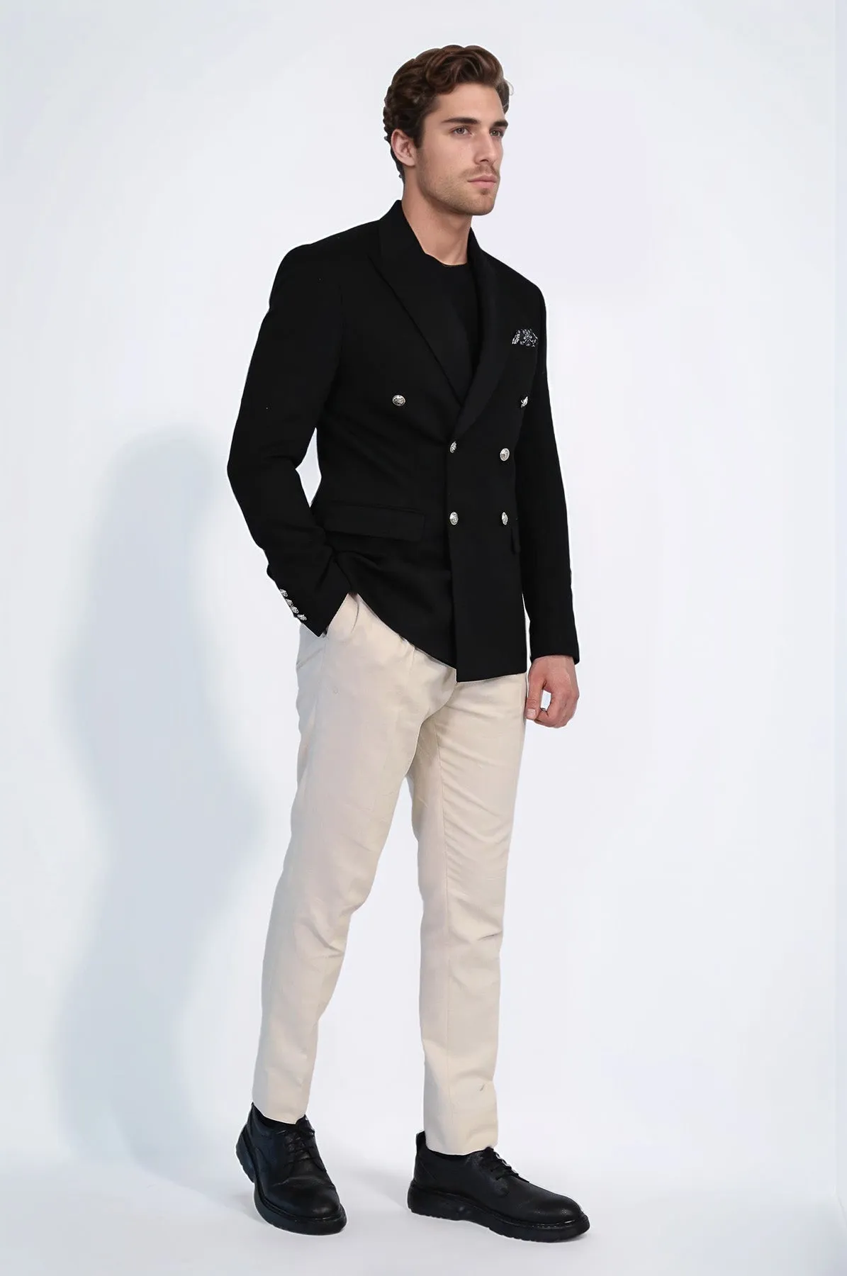 Black Solid Slim Fit Double-Breasted Blazer with Silver Metal Buttons – Wessi sold by Wessi product image thumbnail 5