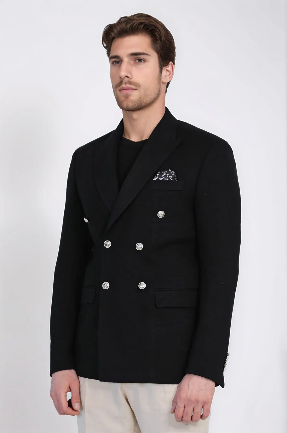 Black Solid Slim Fit Double-Breasted Blazer with Silver Metal Buttons – Wessi sold by Wessi product image thumbnail 4