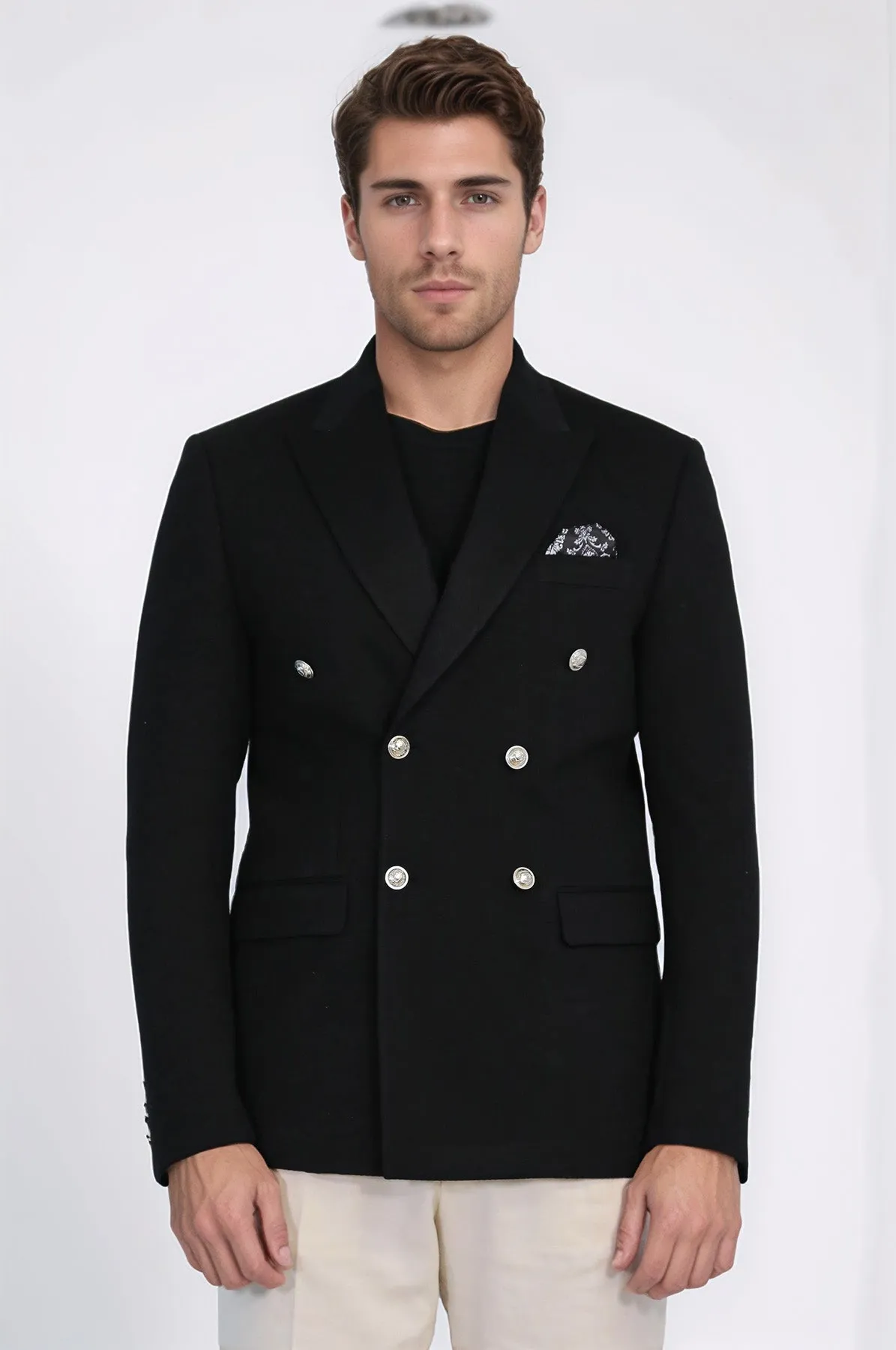 Black Solid Slim Fit Double-Breasted Blazer with Silver Metal Buttons – Wessi sold by Wessi product image thumbnail 3