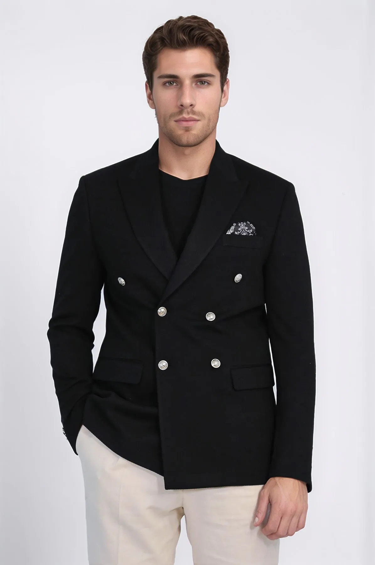 Black Solid Slim Fit Double-Breasted Blazer with Silver Metal Buttons – Wessi sold by Wessi