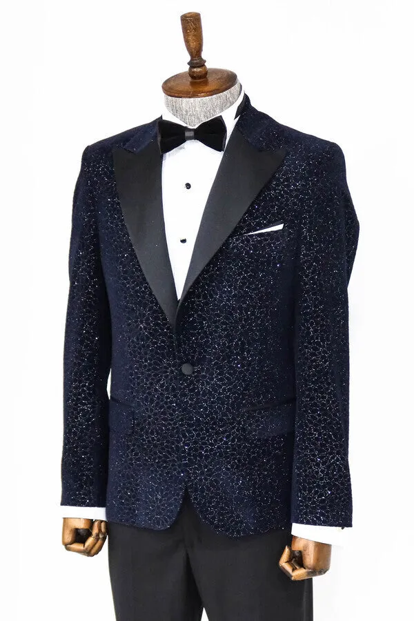 Glitter Floral Patterned Navy Blue Men Wedding Tuxedo Blazer - Wessi sold by Wessi product image thumbnail 5