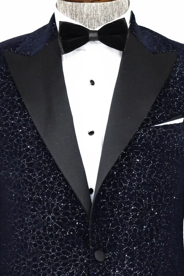 Glitter Floral Patterned Navy Blue Men Wedding Tuxedo Blazer - Wessi sold by Wessi product image thumbnail 2