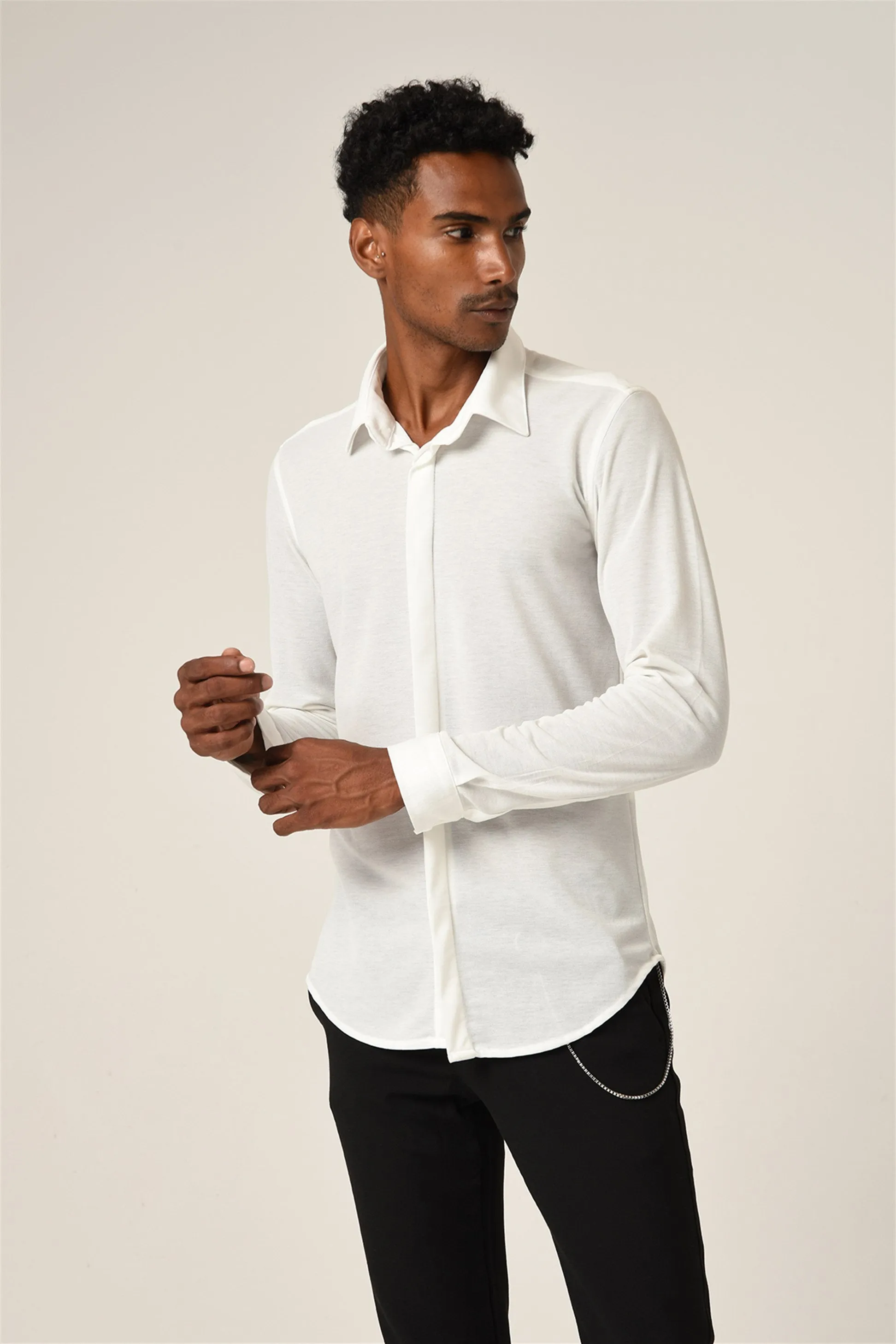 White Men's Hidden Button Long Sleeve Slim Fit Knitwear Shirt - Wessi sold by Wessi product image thumbnail 2