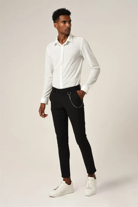 White Men's Hidden Button Long Sleeve Slim Fit Knitwear Shirt - Wessi sold by Wessi