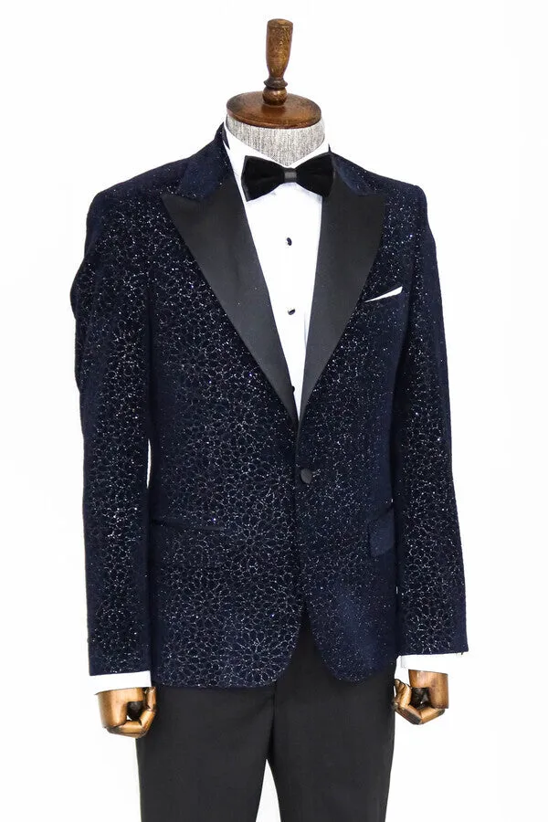 Glitter Floral Patterned Navy Blue Men Wedding Tuxedo Blazer - Wessi sold by Wessi product image thumbnail 3