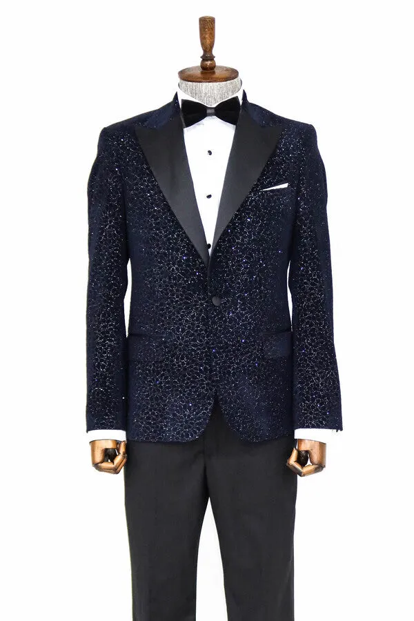 Glitter Floral Patterned Navy Blue Men Wedding Tuxedo Blazer - Wessi sold by Wessi product image thumbnail 4