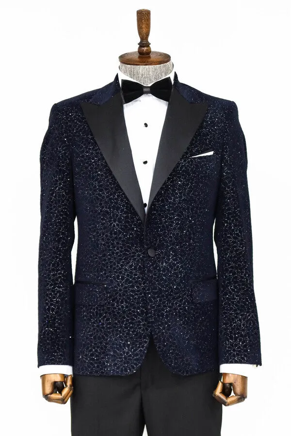 Glitter Floral Patterned Navy Blue Men Wedding Tuxedo Blazer - Wessi sold by Wessi