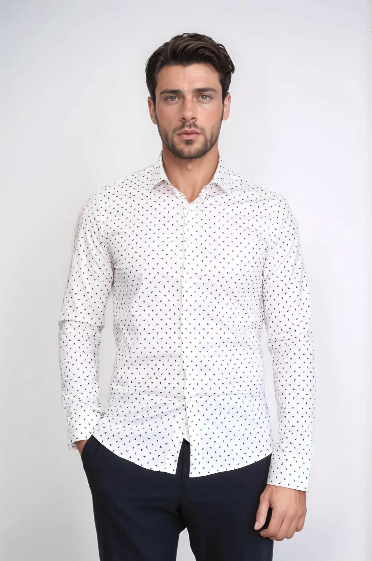 Men’s White Shirt with Minimal Burgundy Pattern – Wessi sold by Wessi