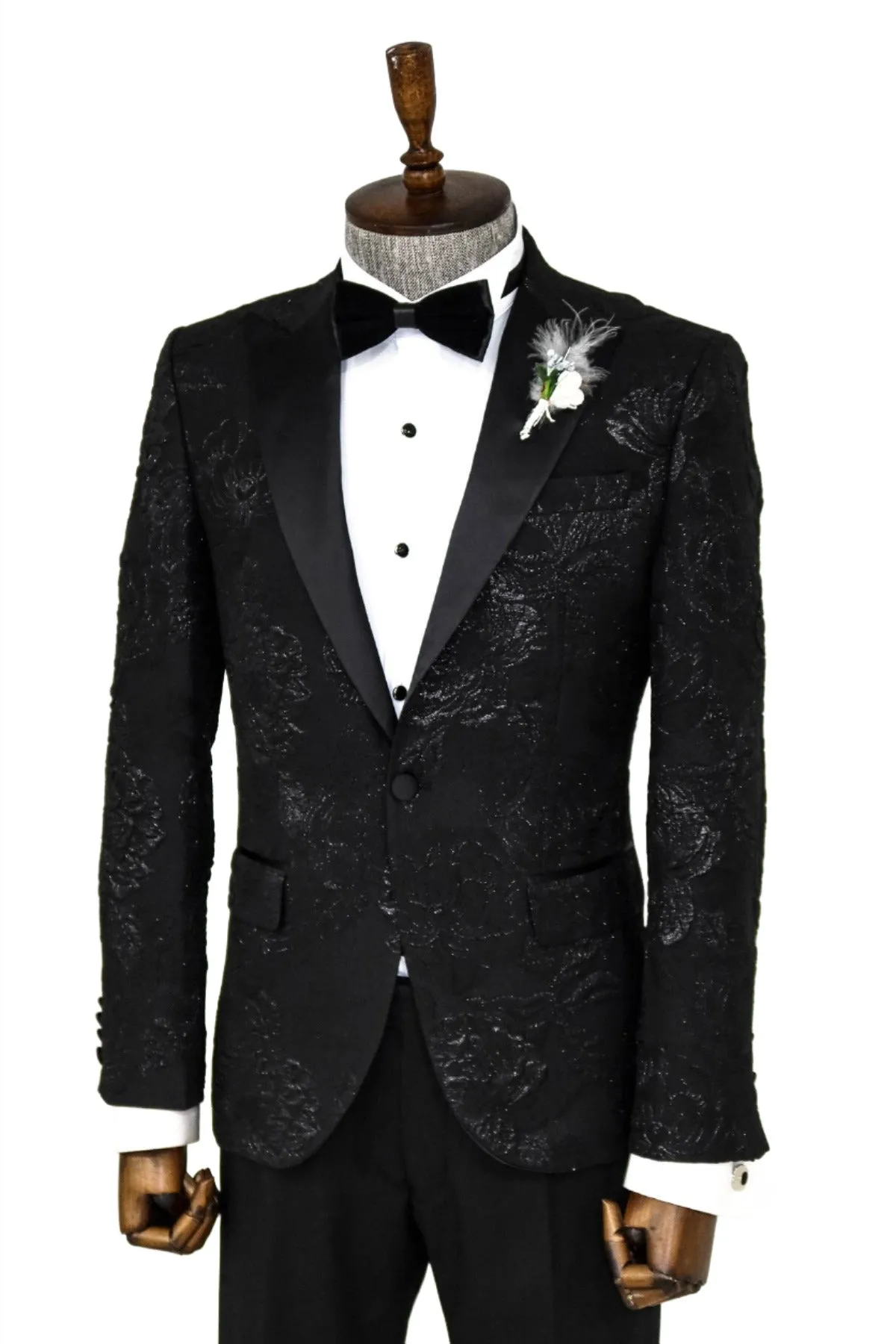 Floral Patterned Peak Lapel Black Tuxedo Blazer - Wessi sold by Wessi product image thumbnail 5