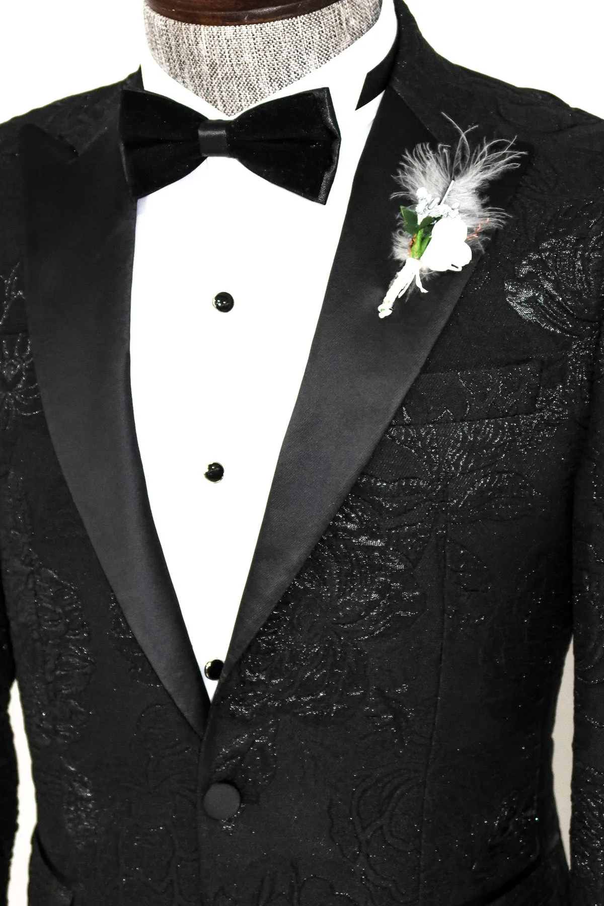 Floral Patterned Peak Lapel Black Tuxedo Blazer - Wessi sold by Wessi product image thumbnail 2