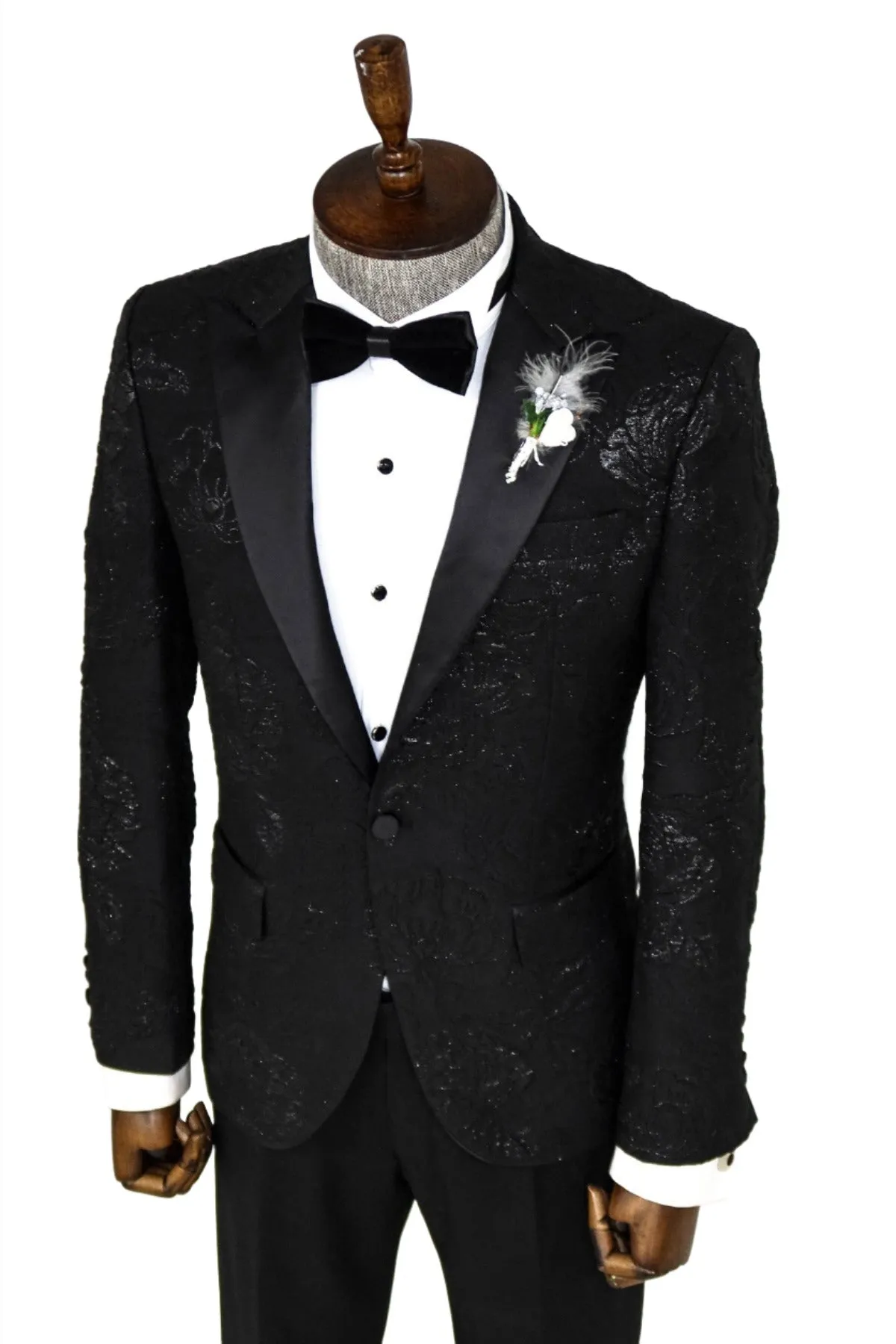 Floral Patterned Peak Lapel Black Tuxedo Blazer - Wessi sold by Wessi product image thumbnail 3