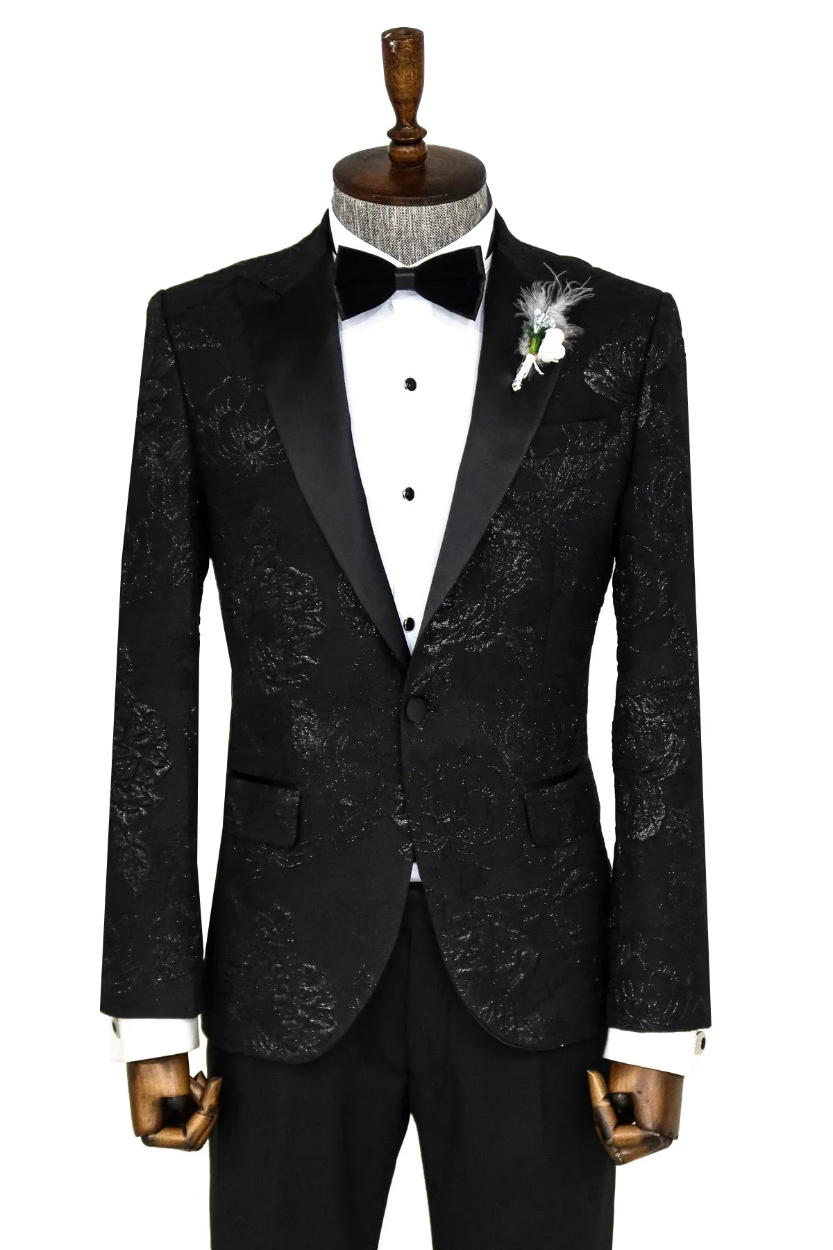 Floral Patterned Peak Lapel Black Tuxedo Blazer - Wessi sold by Wessi