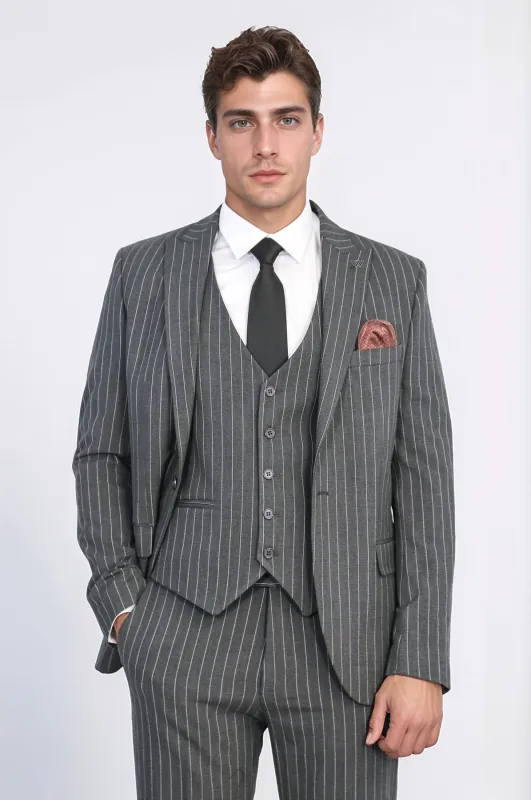 Striped Single Button with Vested Anthracite Mens Suit - Wessi sold by Wessi