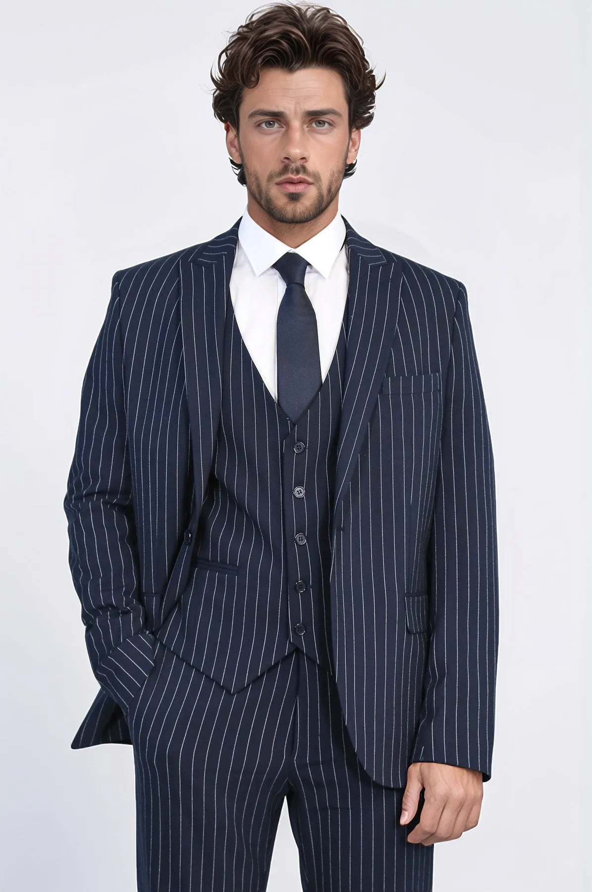 Striped Double-Breasted Button Detailed Vested Navy Blue Mens Suit - Wessi sold by Wessi