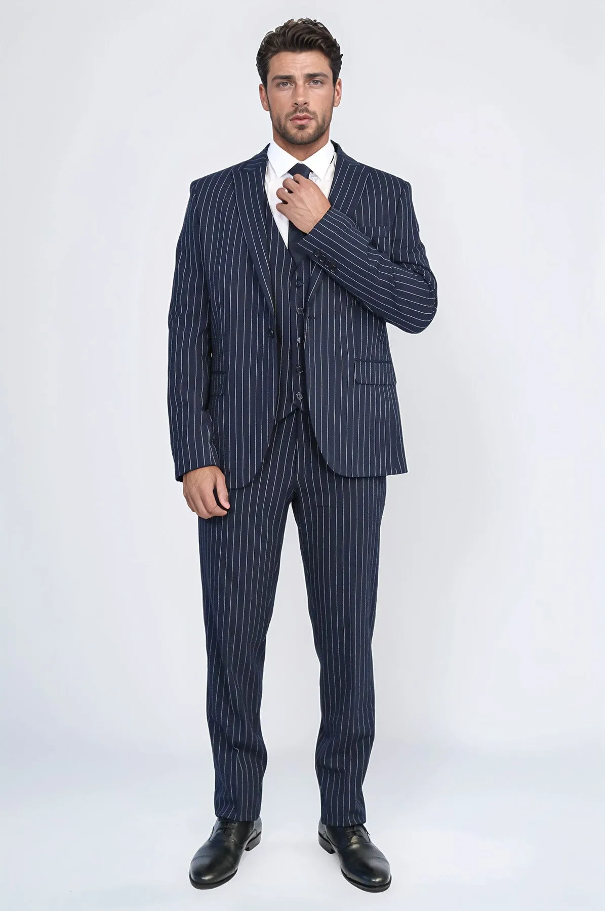Striped Double-Breasted Button Detailed Vested Navy Blue Mens Suit - Wessi sold by Wessi product image thumbnail 3