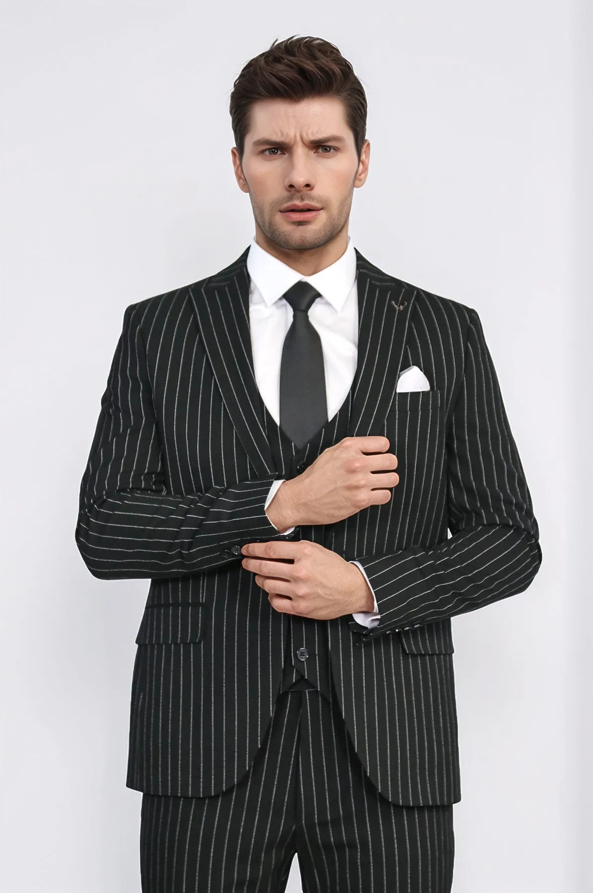 Striped Double-Breasted Button Detailed Vested Black Mens Suit - Wessi sold by Wessi product image thumbnail 5