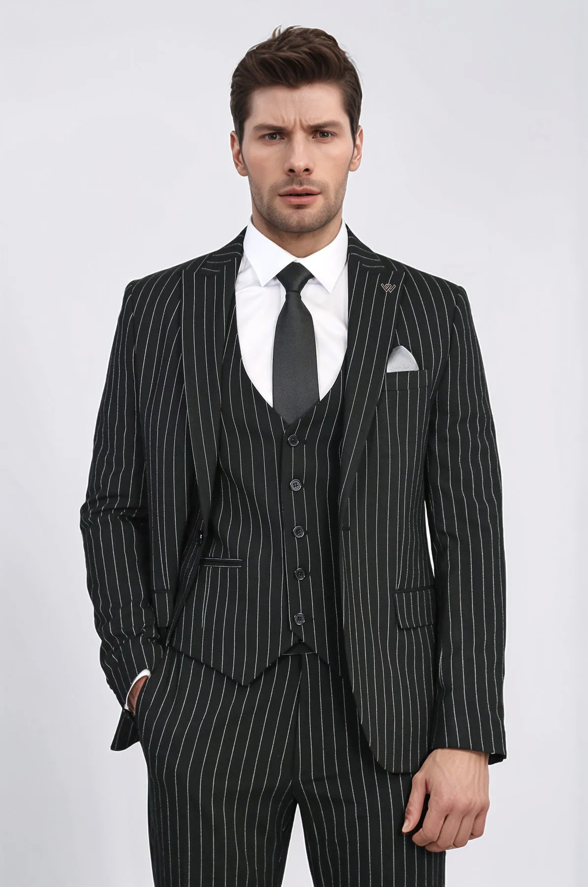 Striped Double-Breasted Button Detailed Vested Black Mens Suit - Wessi sold by Wessi