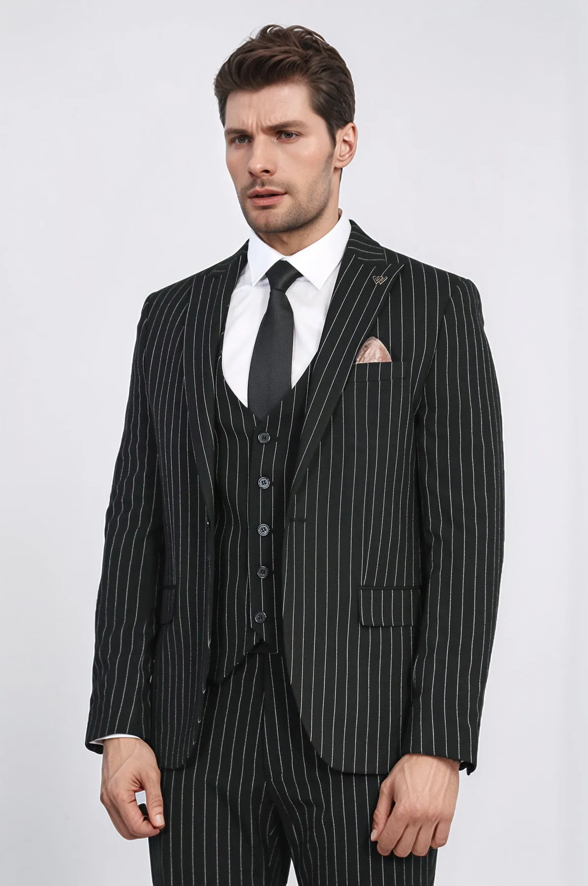 Striped Double-Breasted Button Detailed Vested Black Mens Suit - Wessi sold by Wessi product image thumbnail 3