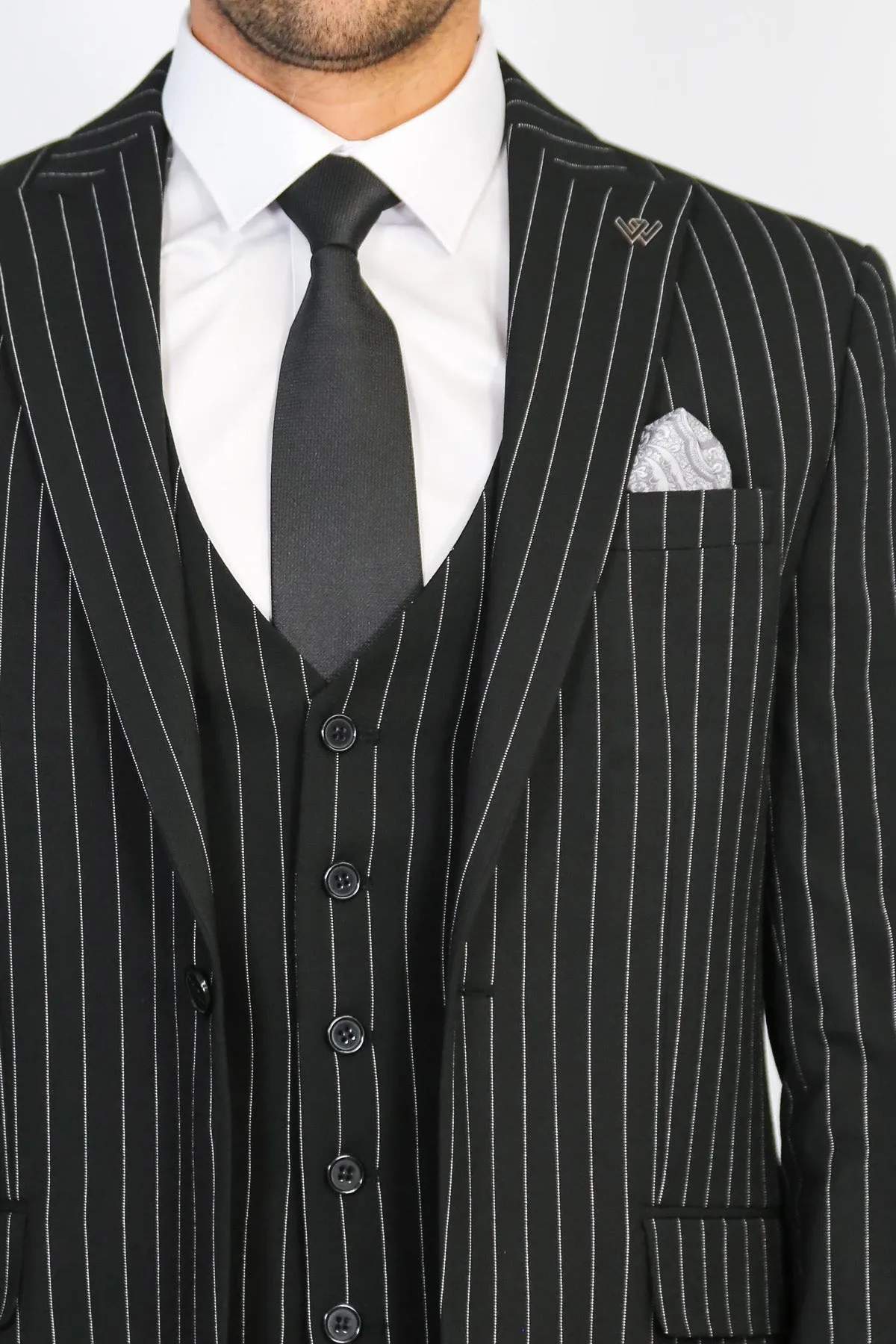 Striped Double-Breasted Button Detailed Vested Black Mens Suit - Wessi sold by Wessi product image thumbnail 2