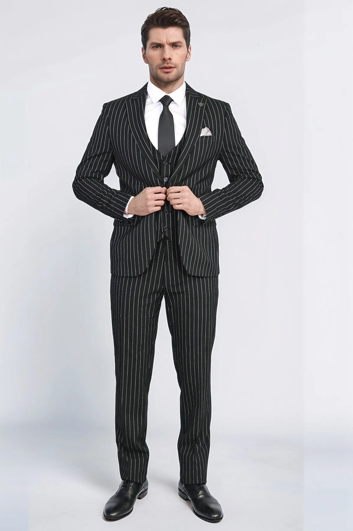 Striped Double-Breasted Button Detailed Vested Black Mens Suit - Wessi sold by Wessi product image thumbnail 4