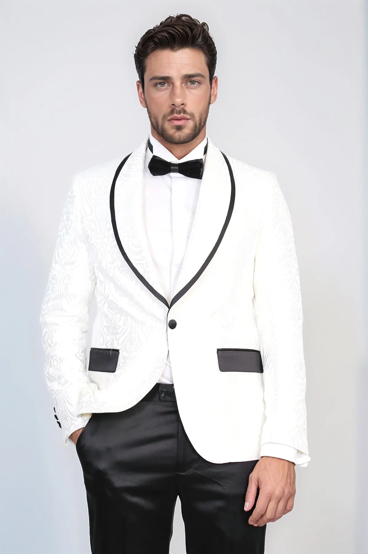 Damask Patterned Shawl Collar White Tuxedo - Wessi sold by Wessi