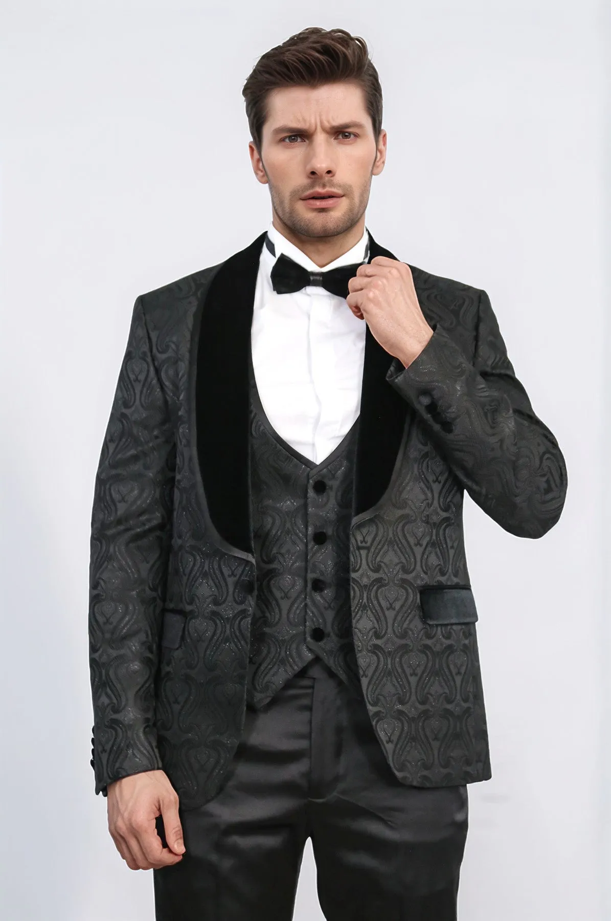 Baroque Patterned Velvet Shawl Collar Vested Glittery Black Tuxedo - Wessi sold by Wessi product image thumbnail 5