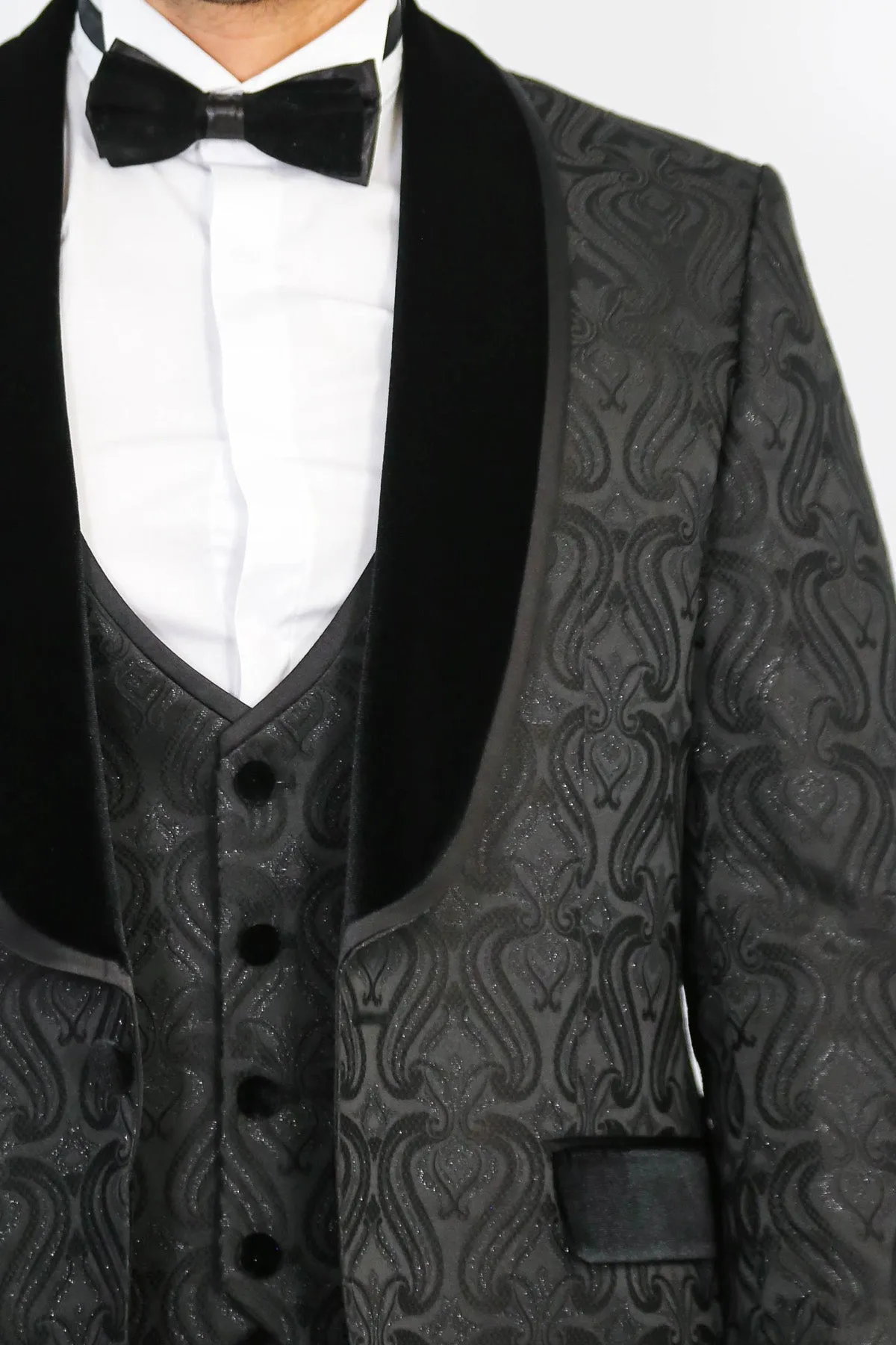 Baroque Patterned Velvet Shawl Collar Vested Glittery Black Tuxedo - Wessi sold by Wessi product image thumbnail 2