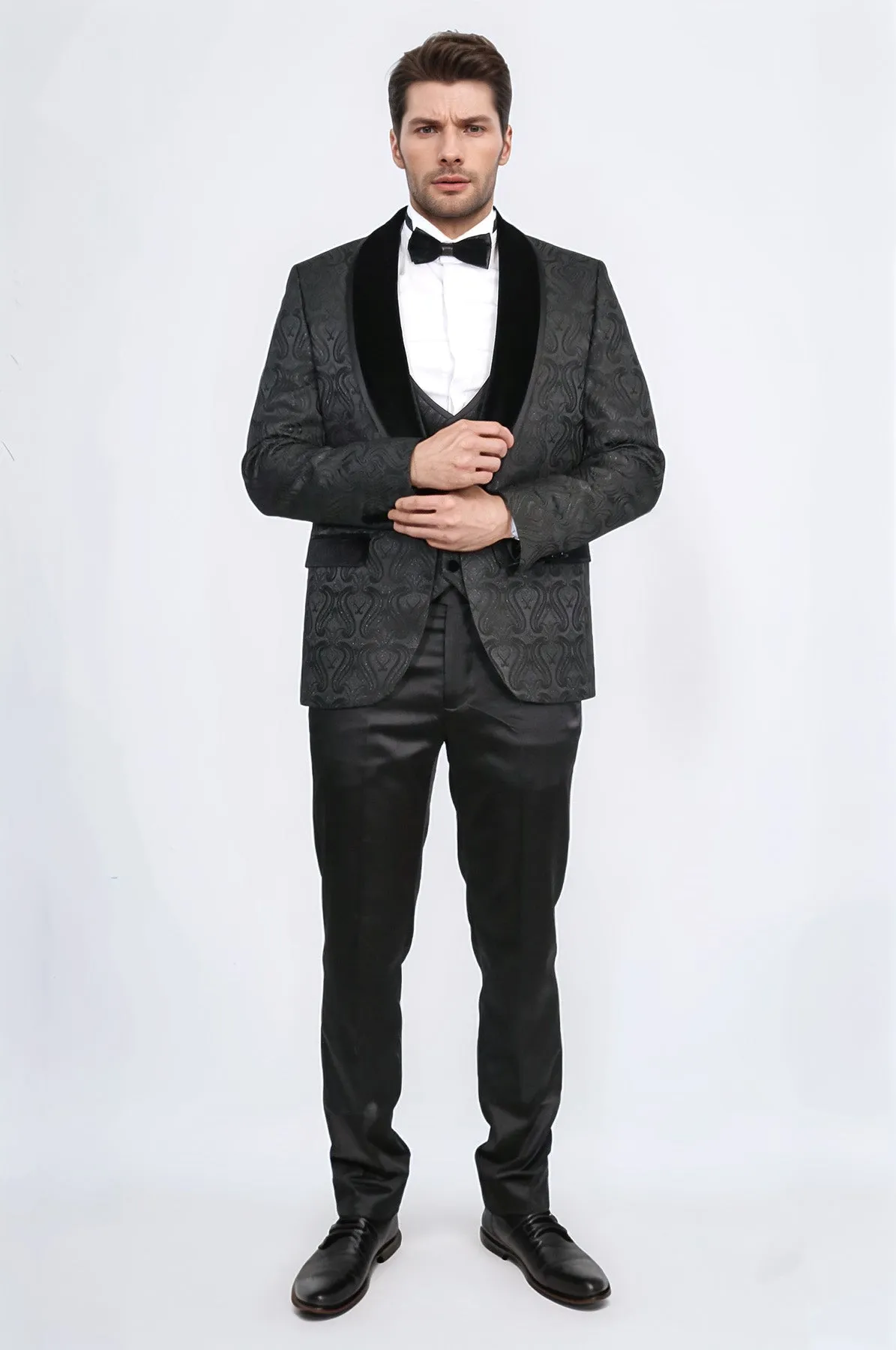 Baroque Patterned Velvet Shawl Collar Vested Glittery Black Tuxedo - Wessi sold by Wessi product image thumbnail 4