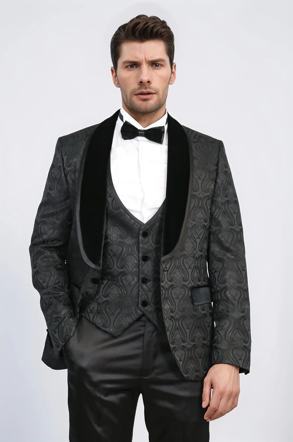 Baroque Patterned Velvet Shawl Collar Vested Glittery Black Tuxedo - Wessi sold by Wessi