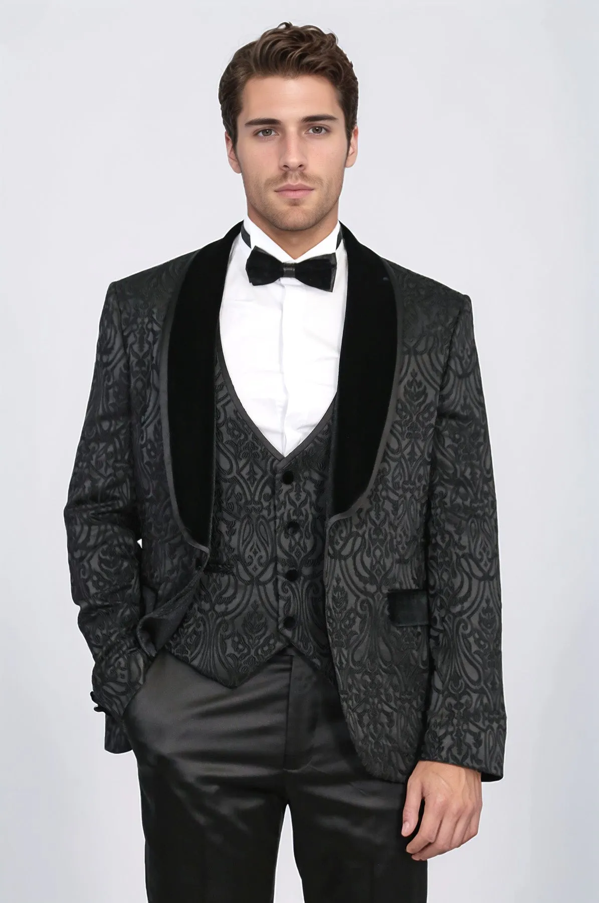 Baroque Patterned Velvet Shawl Collar Vest With Black Tuxedo- Wessi sold by Wessi