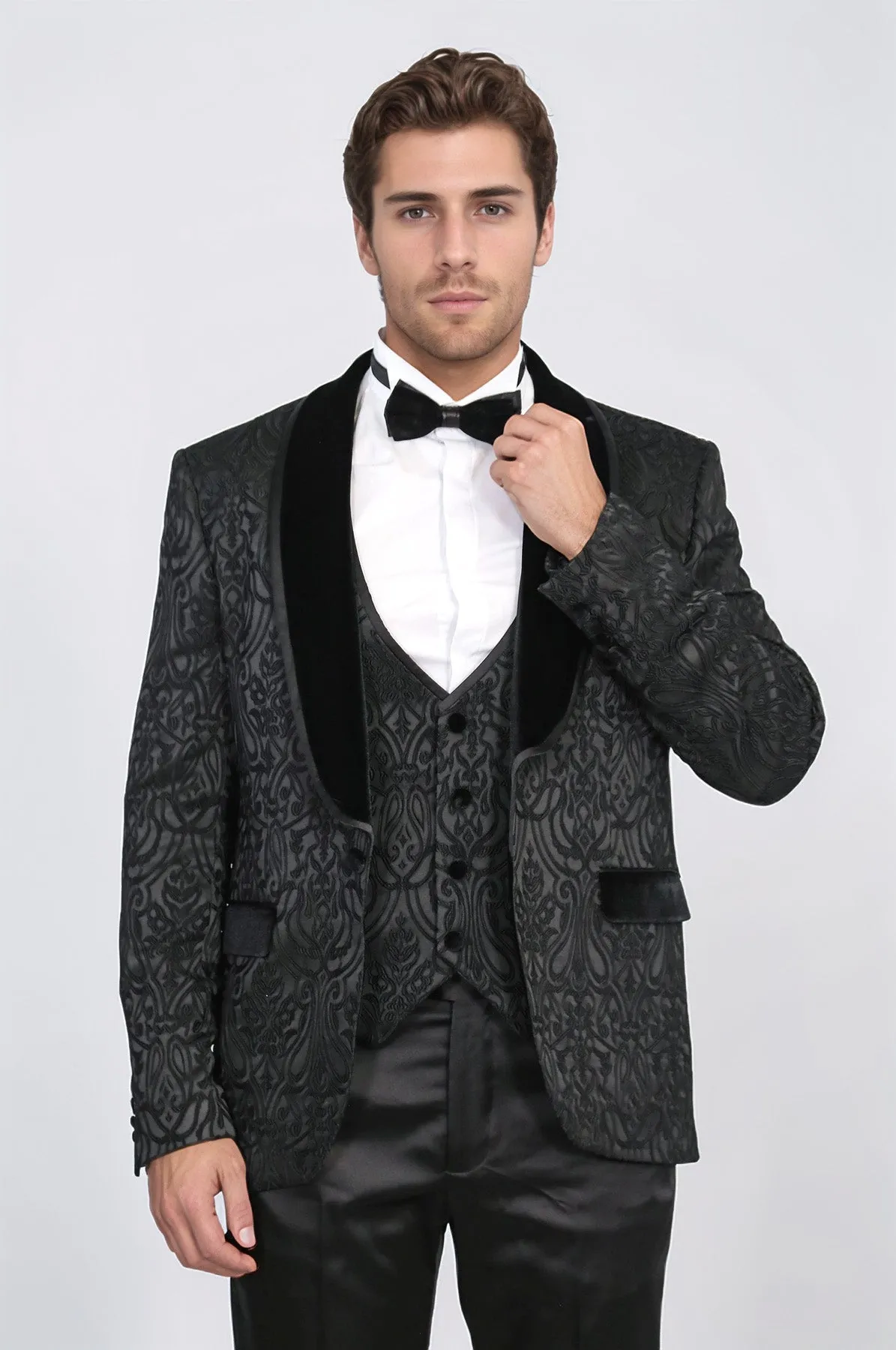Baroque Patterned Velvet Shawl Collar Vest With Black Tuxedo- Wessi sold by Wessi product image thumbnail 5