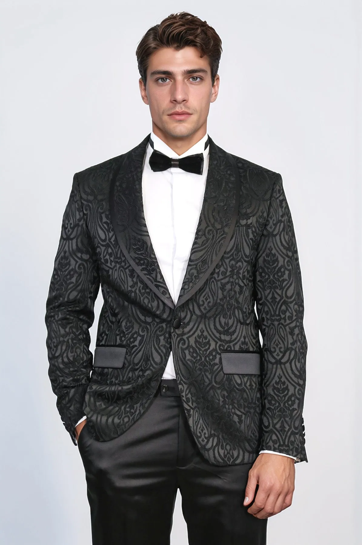 Damask Patterned Shawl Collar Black Tuxedo - Wessi sold by Wessi