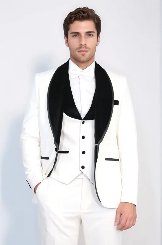 Classic Velvet Lapel White Tuxedo Suit - Wessi sold by Wessi
