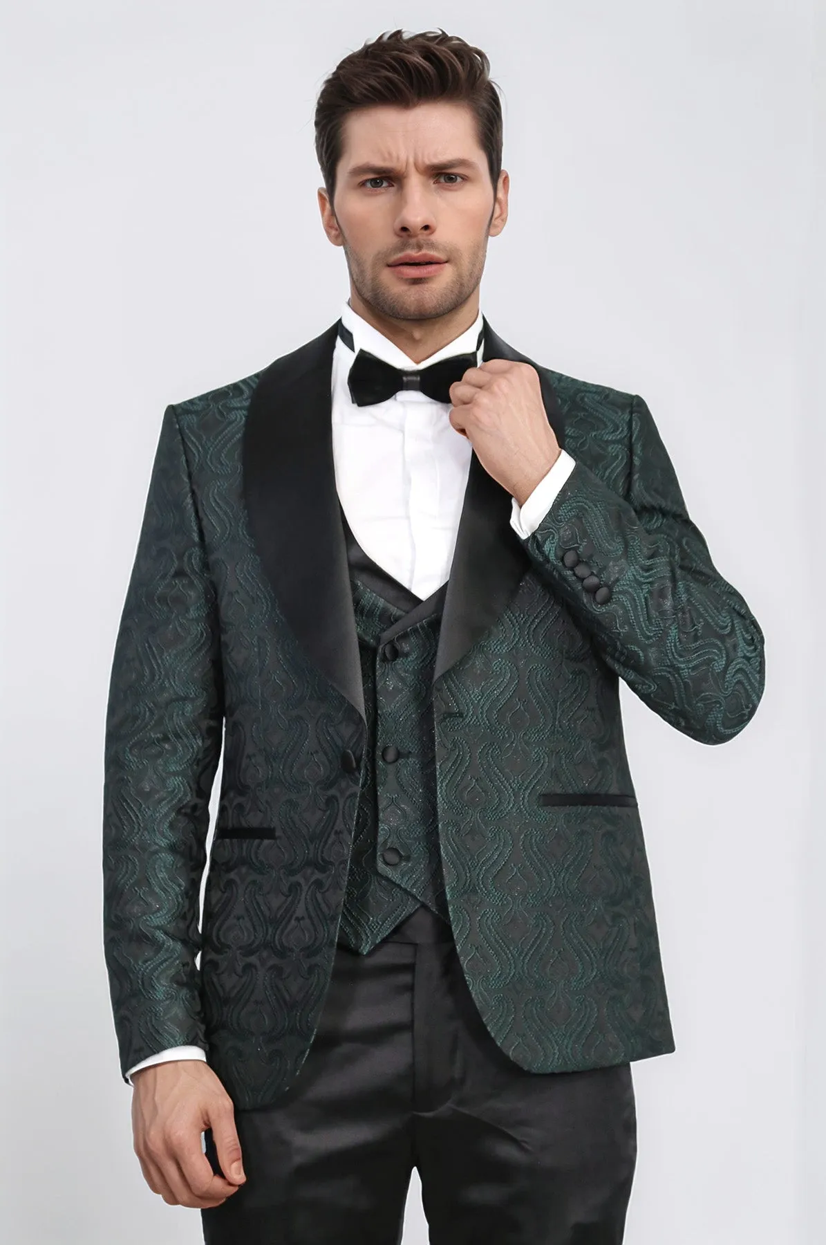 Wavy Patterned Shawl Collar Vested Green Tuxedo - Wessi sold by Wessi product image thumbnail 5