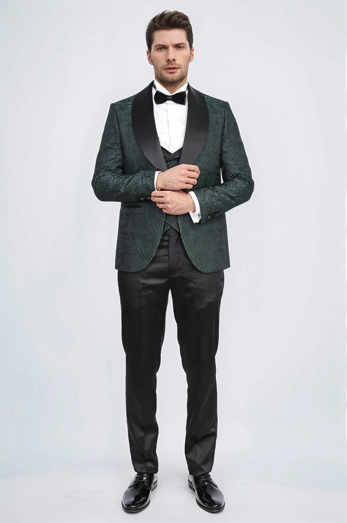 Wavy Patterned Shawl Collar Vested Green Tuxedo - Wessi sold by Wessi product image thumbnail 3