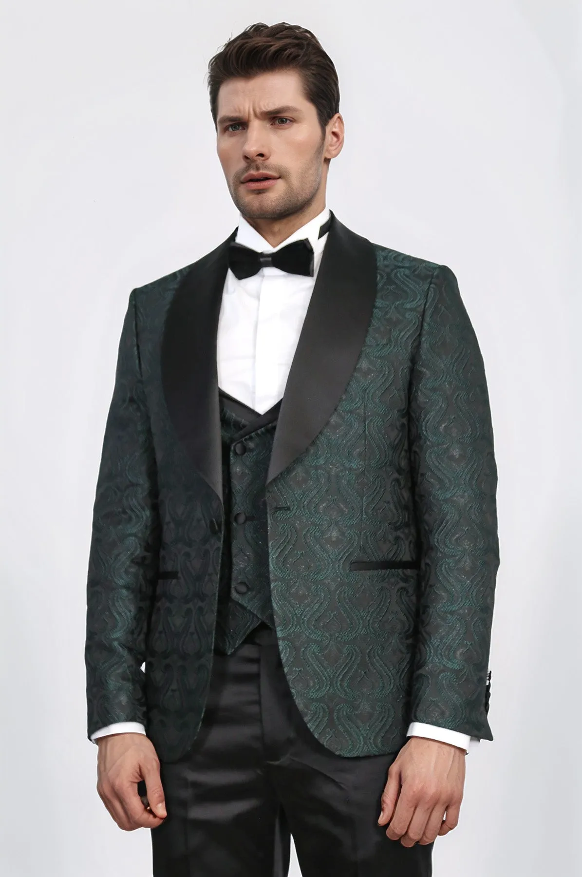 Wavy Patterned Shawl Collar Vested Green Tuxedo - Wessi sold by Wessi product image thumbnail 4