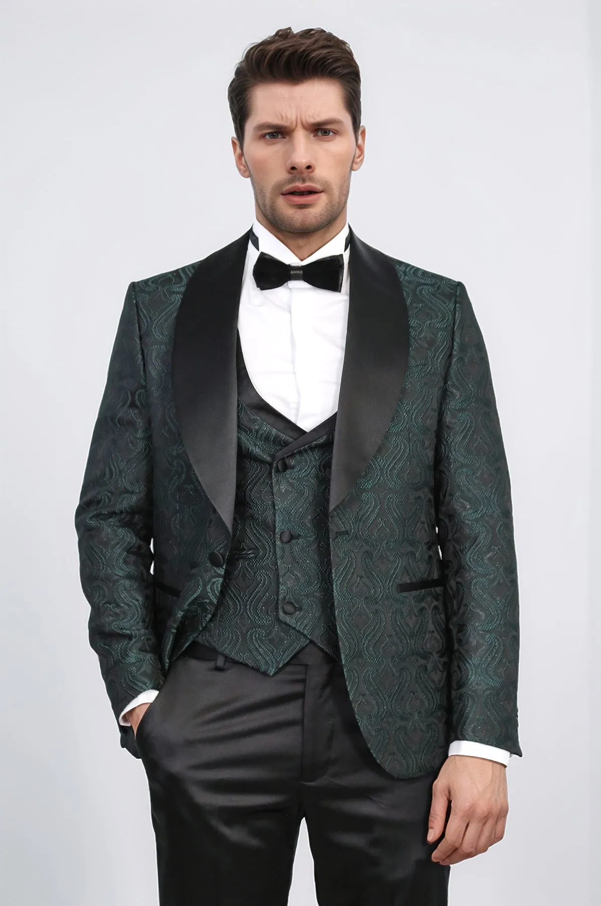 Wavy Patterned Shawl Collar Vested Green Tuxedo - Wessi sold by Wessi
