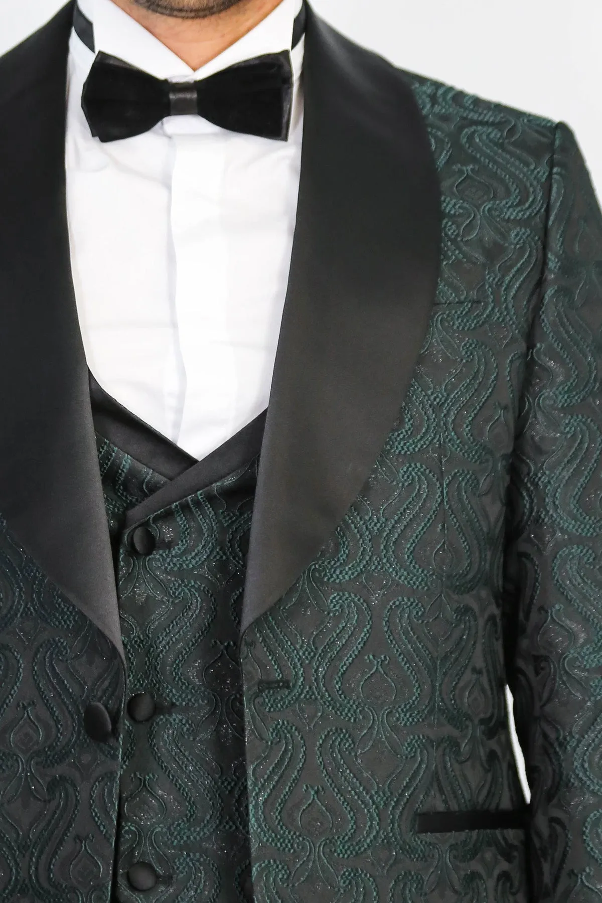 Wavy Patterned Shawl Collar Vested Green Tuxedo - Wessi sold by Wessi product image thumbnail 2