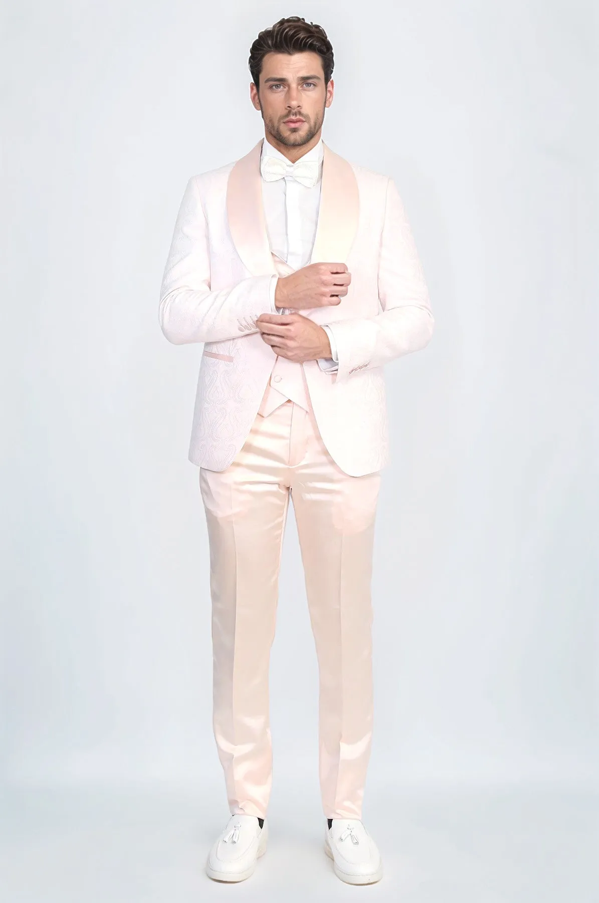 Wavy Patterned Shawl Collar Vested Powder Pink Tuxedo - Wessi sold by Wessi product image thumbnail 4