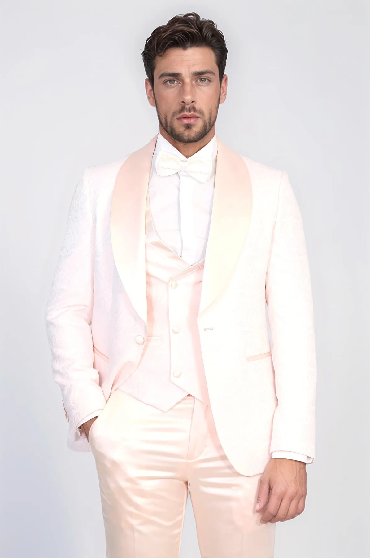 Wavy Patterned Shawl Collar Vested Powder Pink Tuxedo - Wessi sold by Wessi