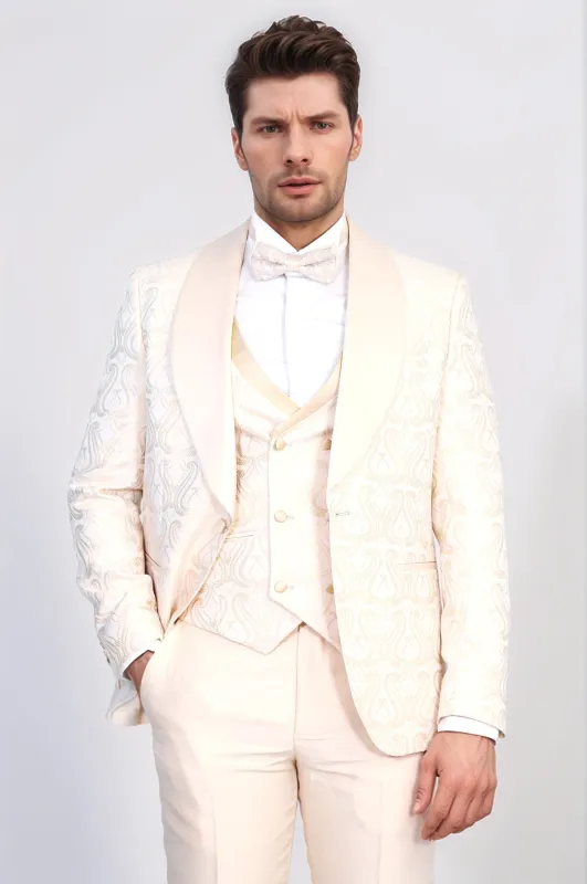 Wavy Patterned Shawl Collar Vested Cream Tuxedo - Wessi sold by Wessi
