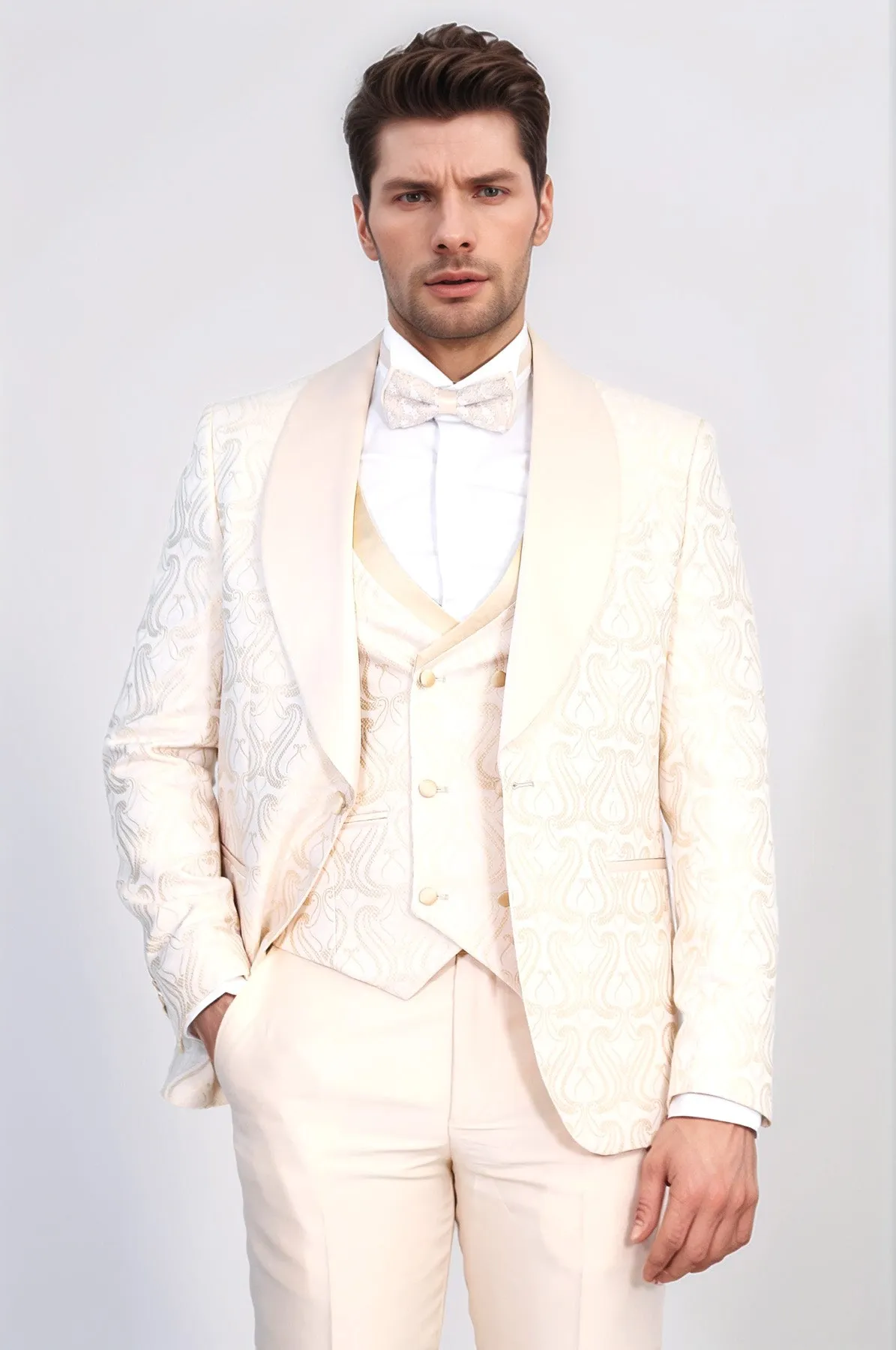 Wavy Patterned Shawl Collar Vested Cream Tuxedo - Wessi sold by Wessi