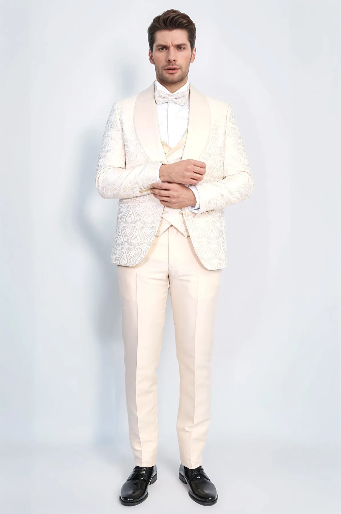 Wavy Patterned Shawl Collar Vested Cream Tuxedo - Wessi sold by Wessi product image thumbnail 4