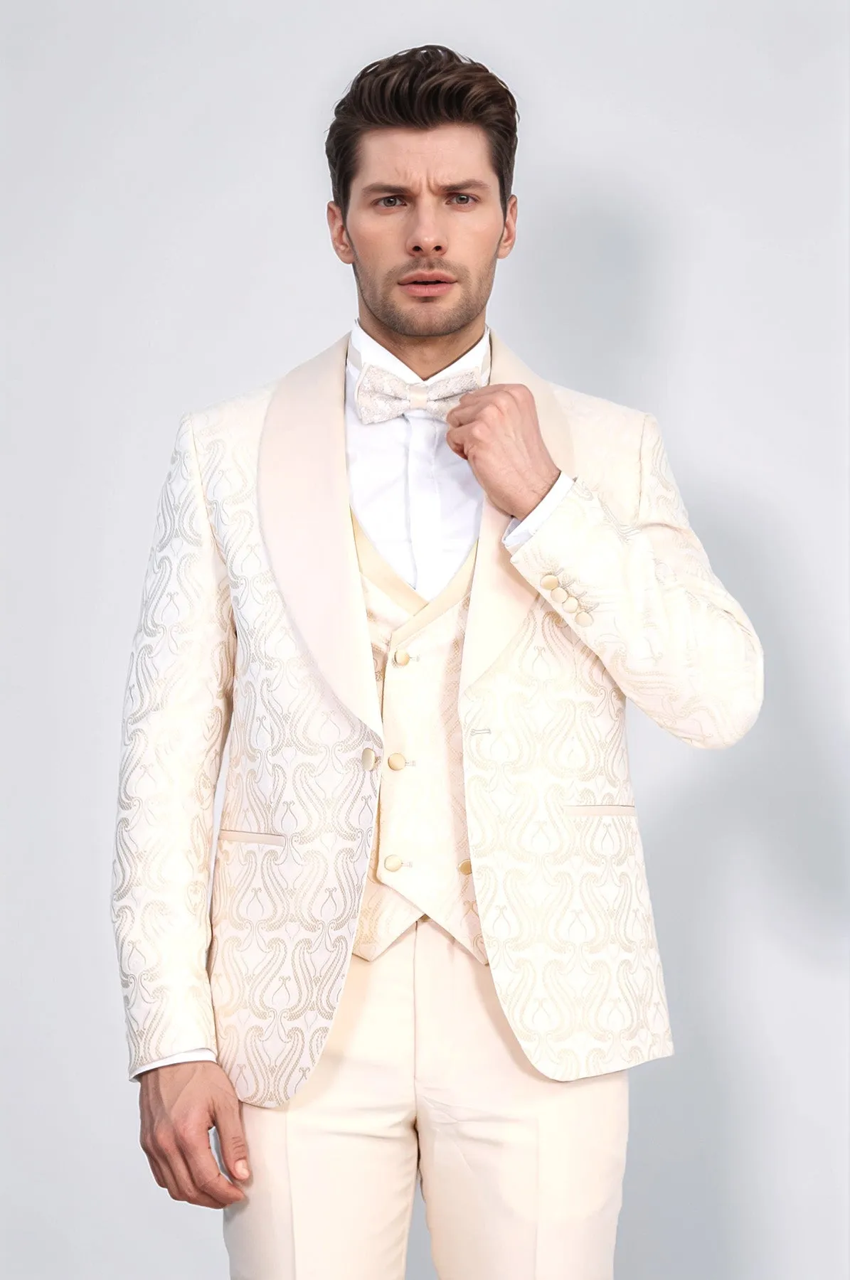Wavy Patterned Shawl Collar Vested Cream Tuxedo - Wessi sold by Wessi product image thumbnail 5