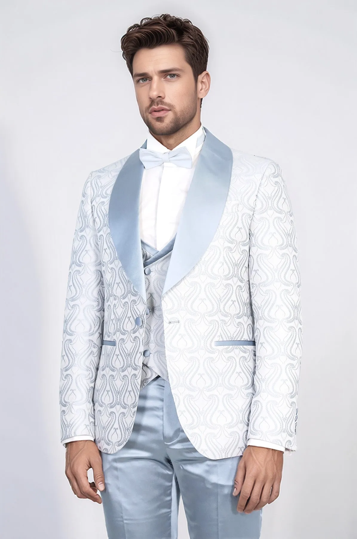 Wavy Patterned Shawl Collar Vested Ice Blue Tuxedo - Wessi sold by Wessi product image thumbnail 3